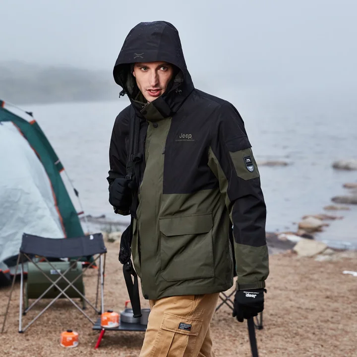 吉普户外冲锋衣男冬季新款三合一连帽抓绒舒适保暖防风防水两件套