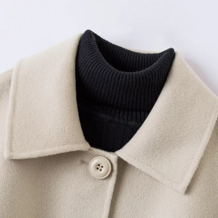 新款纯色中长款双面呢大衣时尚休闲气质毛呢女式大衣