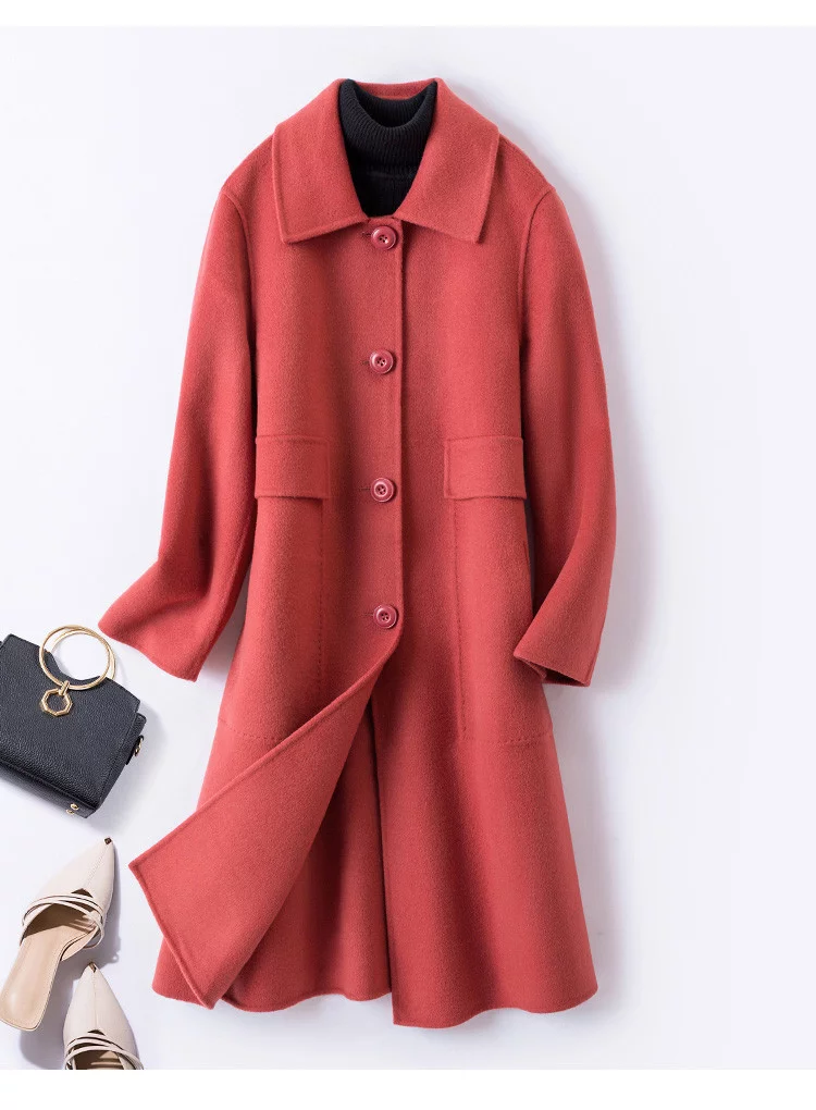 新款纯色中长款双面呢大衣时尚休闲气质毛呢女式大衣
